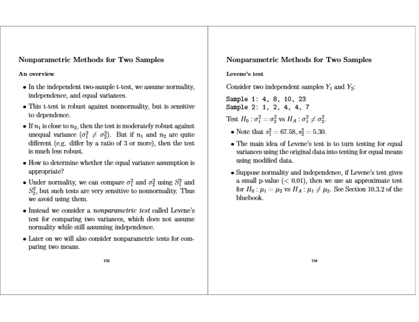 Nonparametric Methods Two Samples