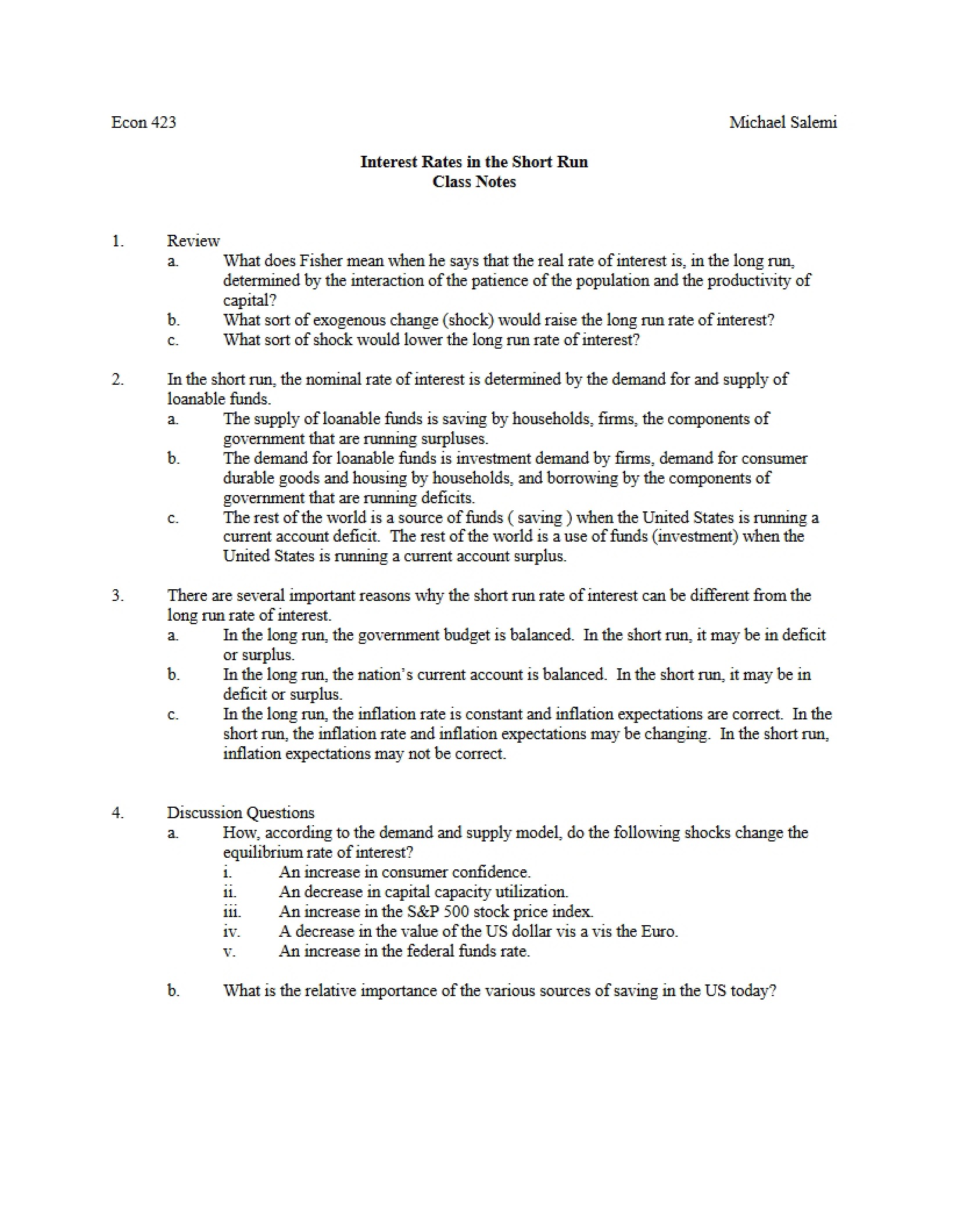 Short Run Interest Rates Notes