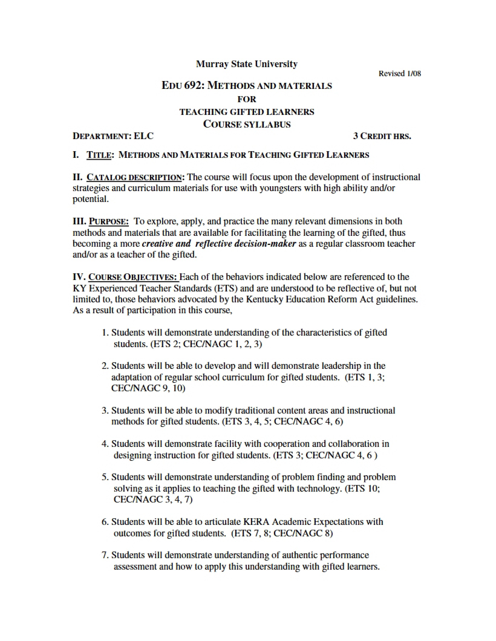 Syllabus - Methods and materials for teaching gifted learners