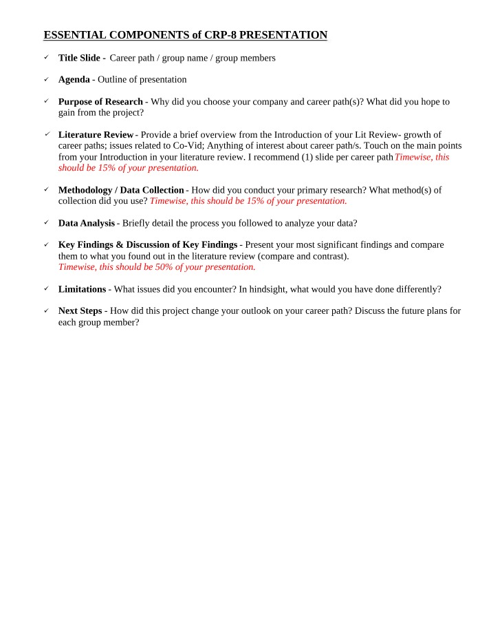 Essential Components, Research Findings, and Rubric for CRP-8 Presentation