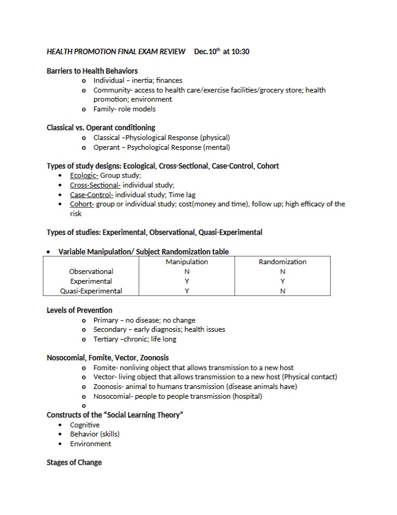 Review for Health Promotion Final