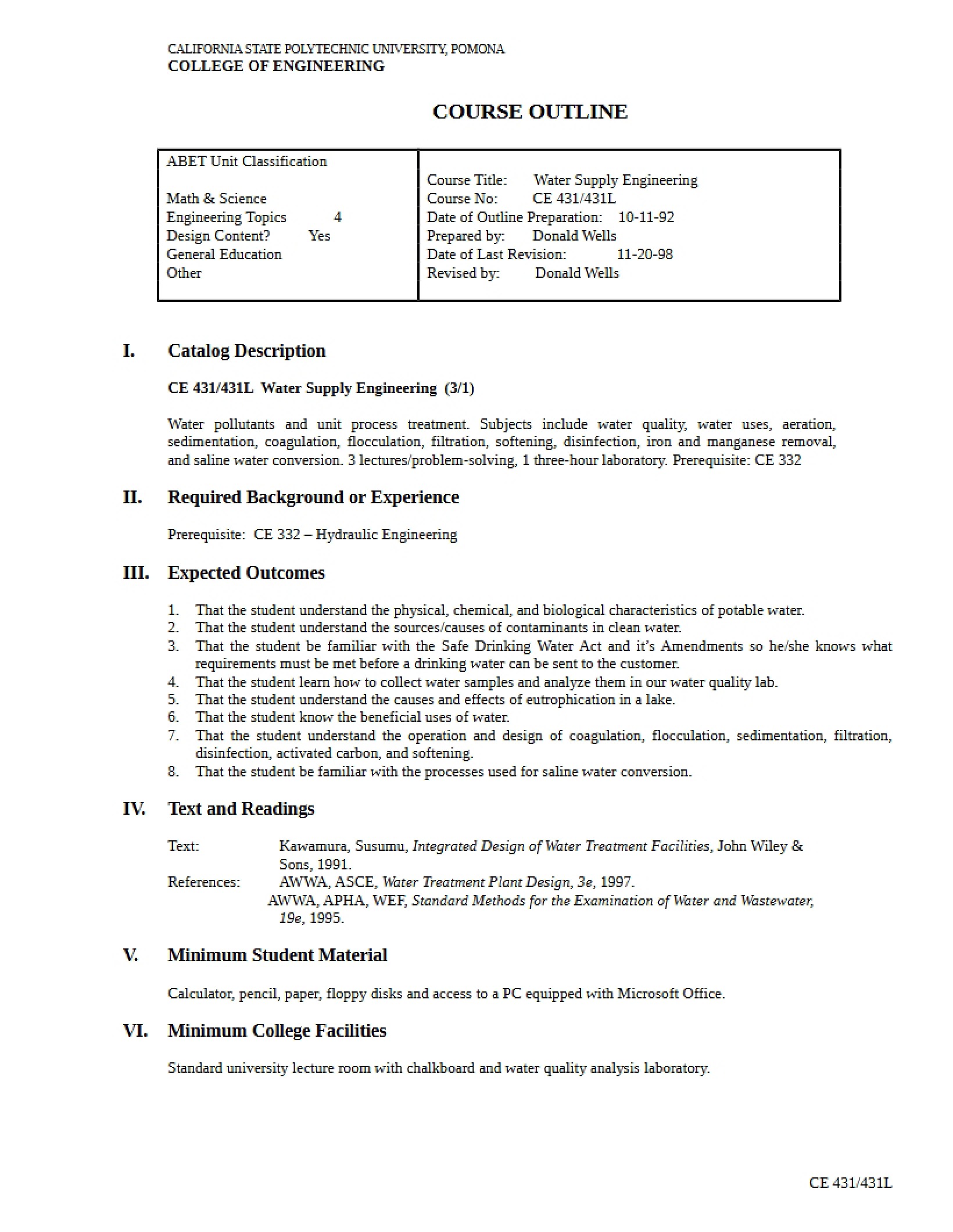 Water Treatment Course Outline