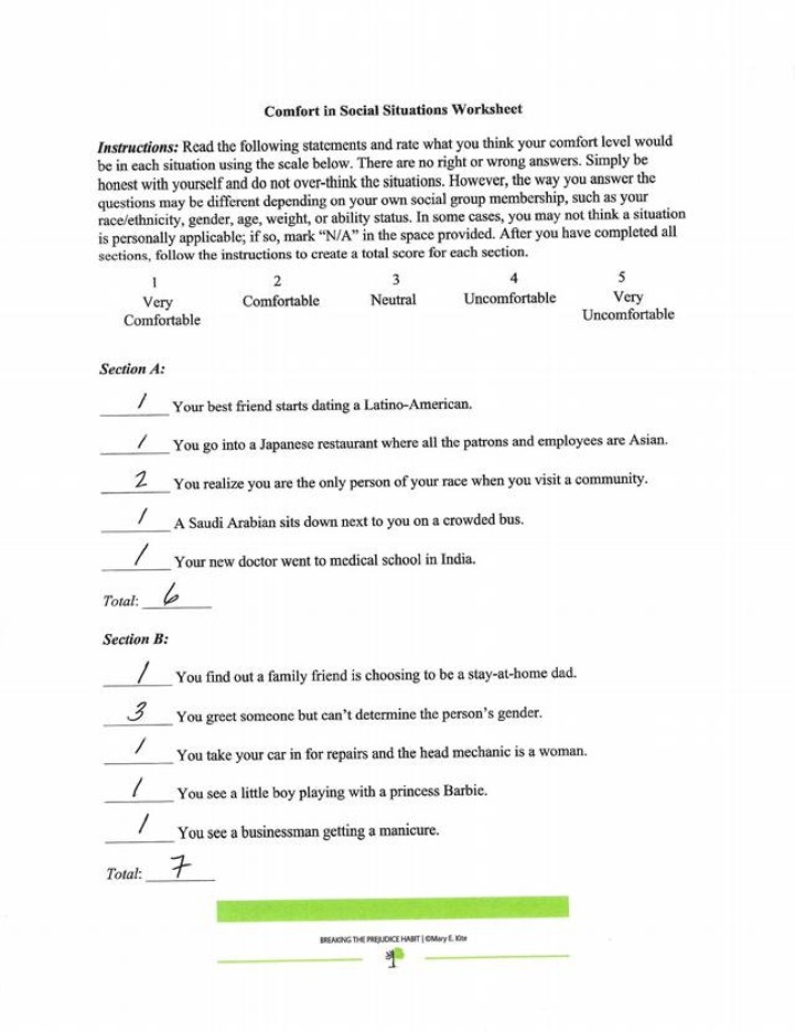 Worksheet on Comfort in Social Situations