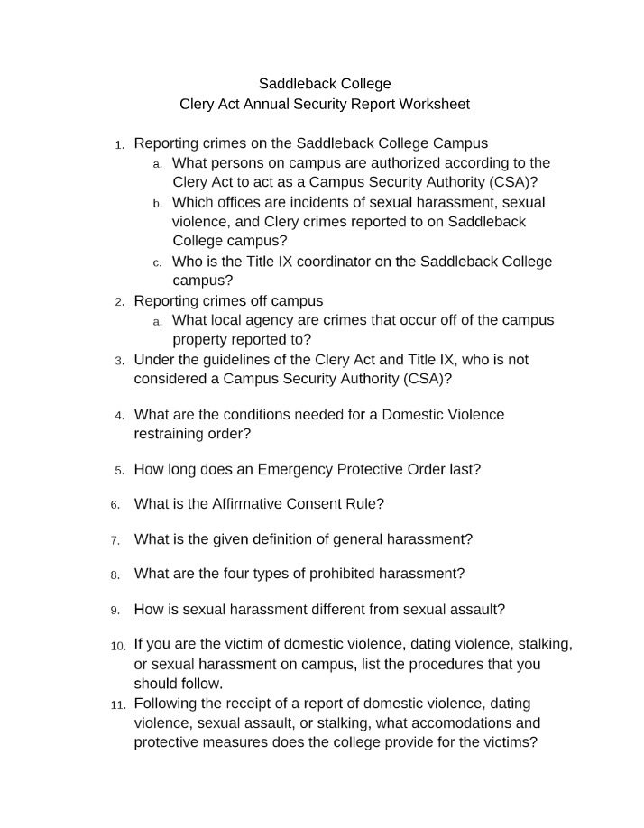 Worksheet for Clery Act Annual Security Report