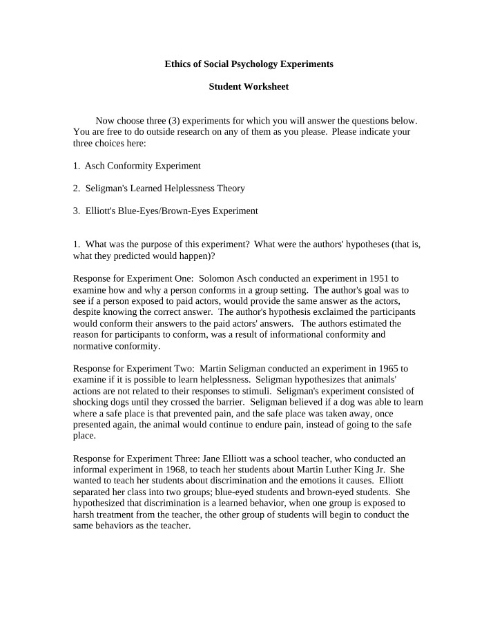 Worksheet - Ethics of Social Psychology Experiments