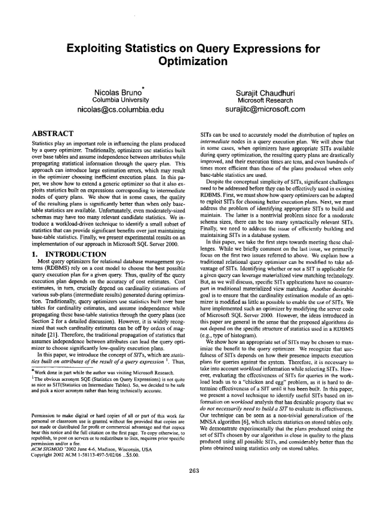 Optimization via Query Expression Statistics