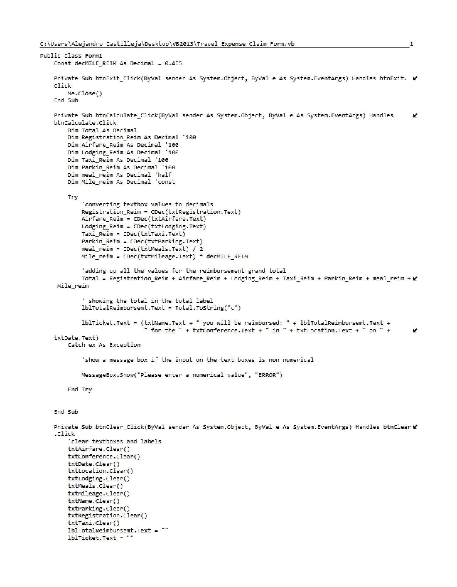 Code for Travel Expense Claim Form