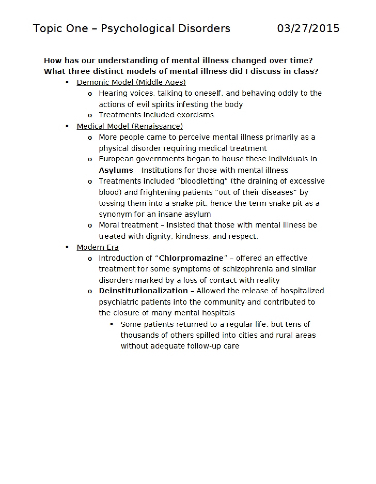 Psychological Disorders Topic One