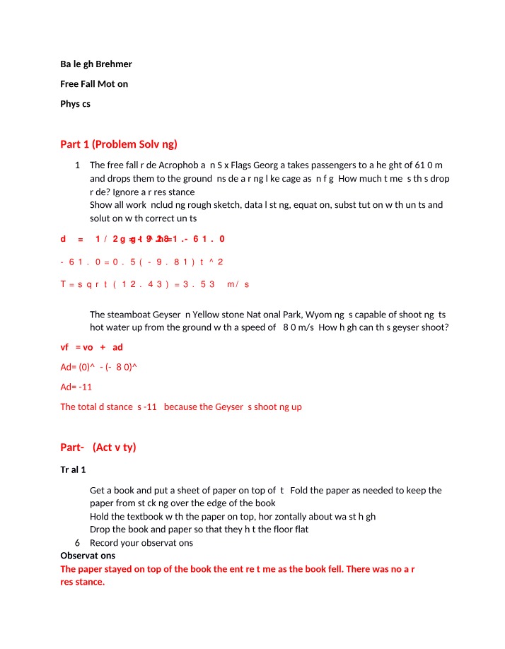 Free Fall Motion - Calculating Time and Height