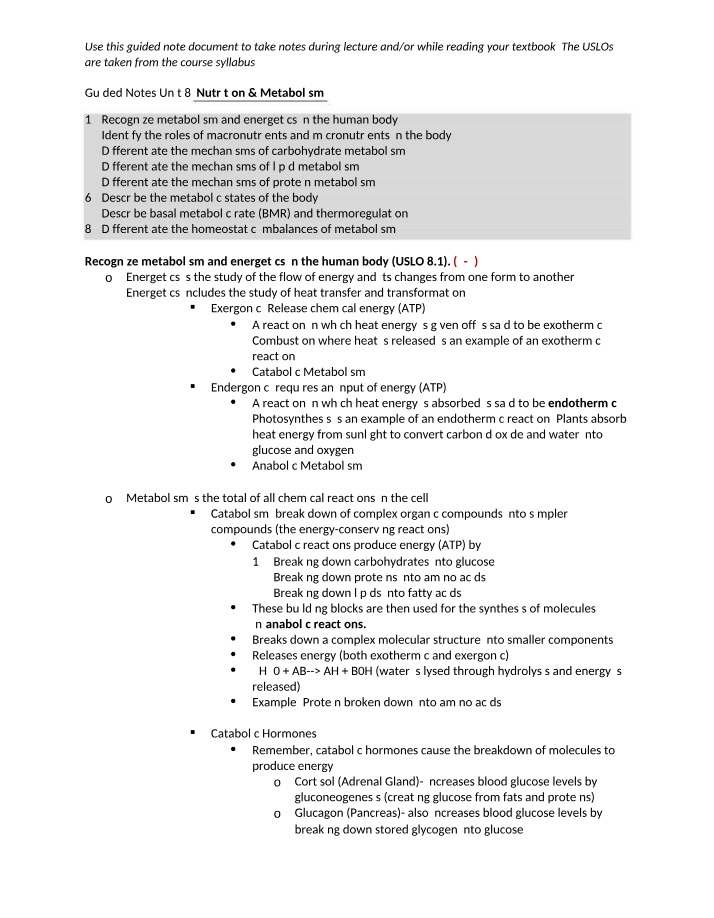 Unit 8 Guided Notes - Nutrition and Metabolism