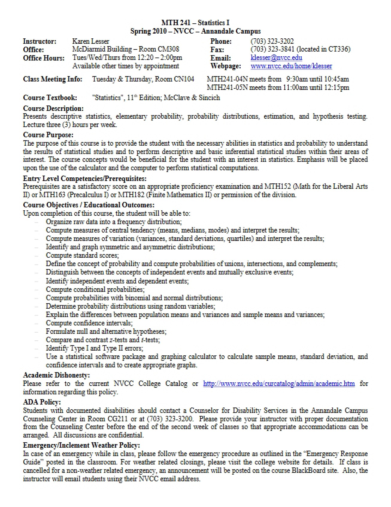 Syllabus for Statistics I