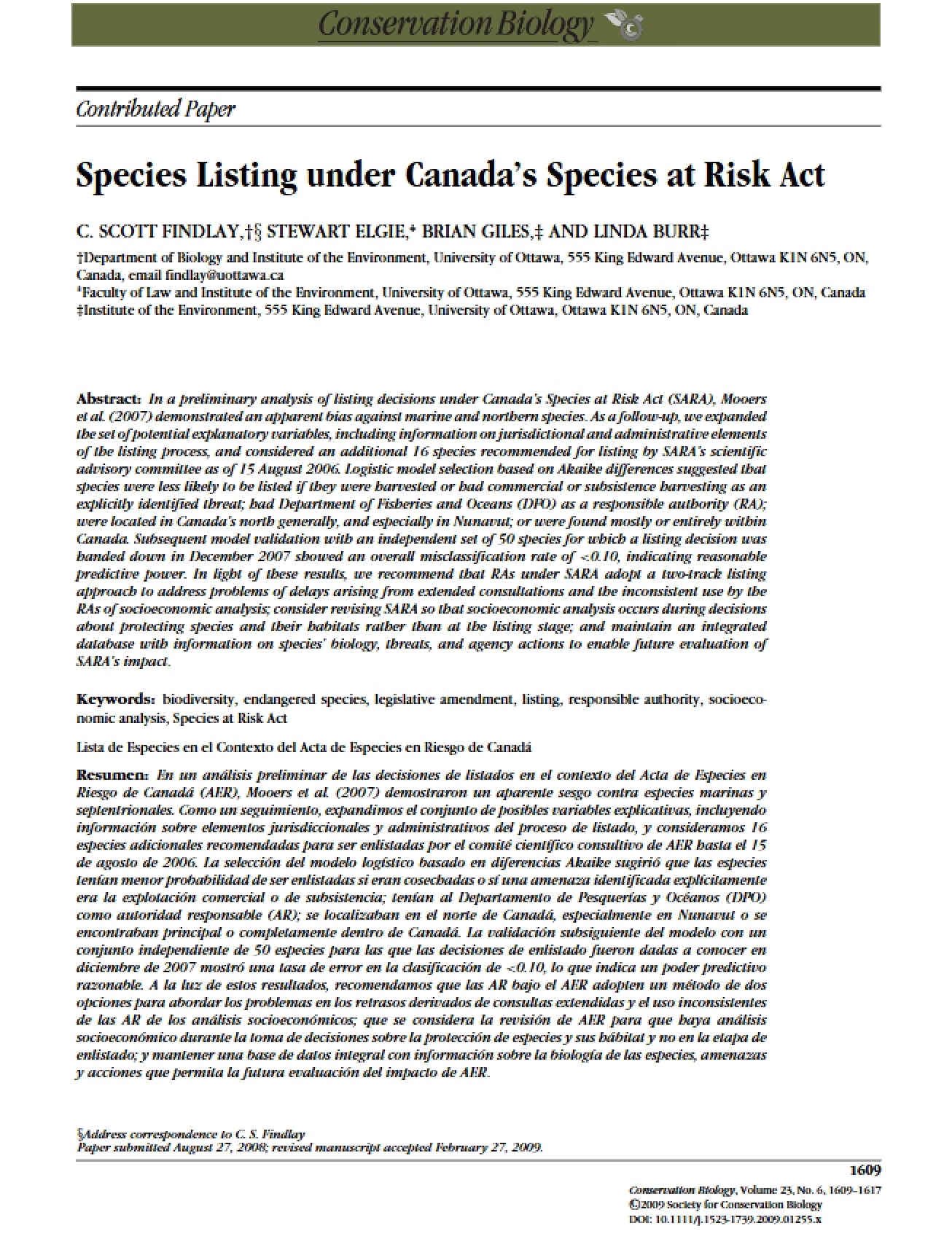 Canada's Species at Risk Act Species Listing