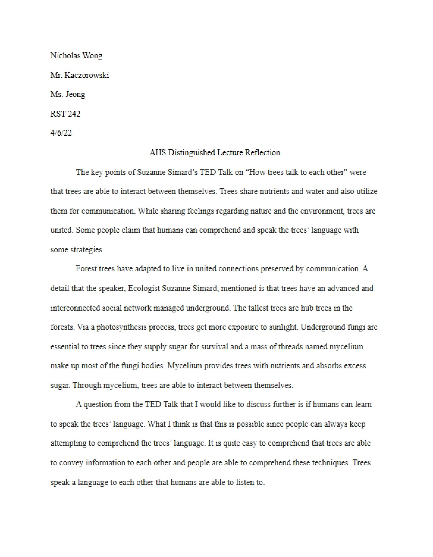 Reflection on AHS Distinguished Lecture (Extra Credit)