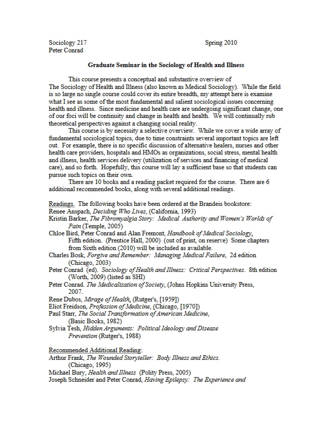 Health and Illness Sociology Seminar