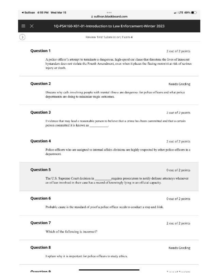 Winter 2023 Exam 4 - Introduction to Law Enforcement