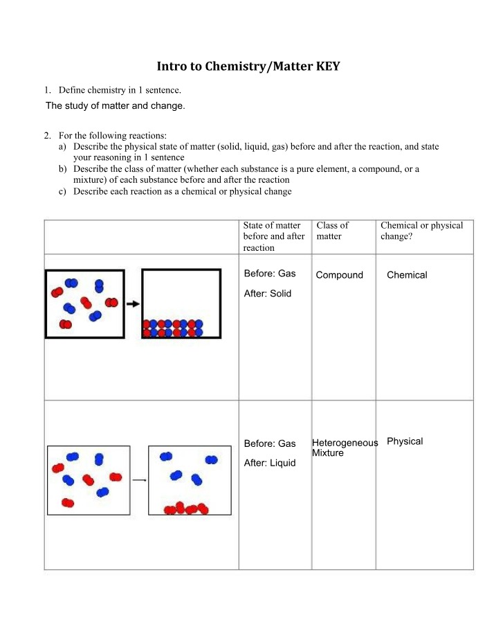 Intro to Chemistry - Matter Answer Key