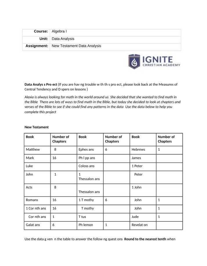 New Testament Data Analysis - Algebra I