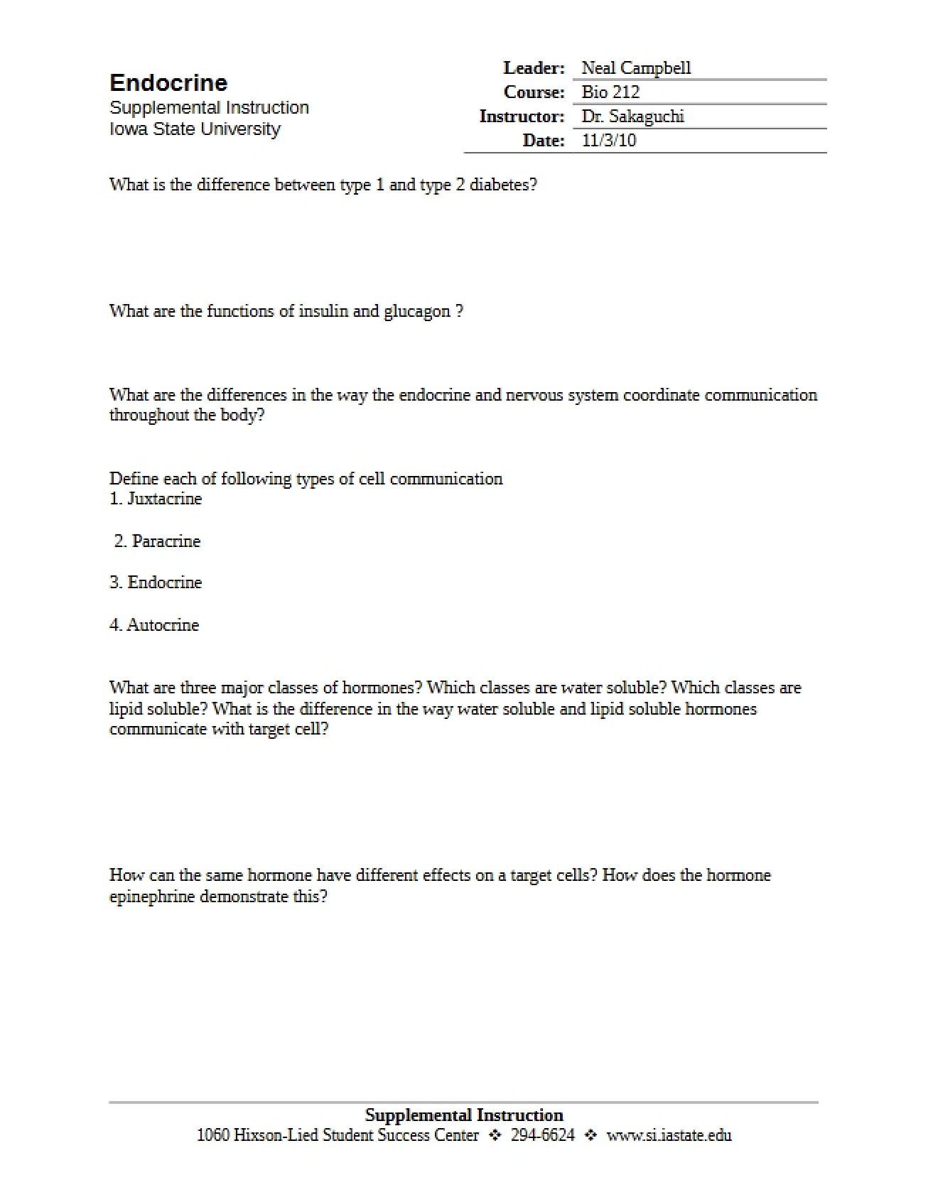 General Study Questions for Principles of Biology II