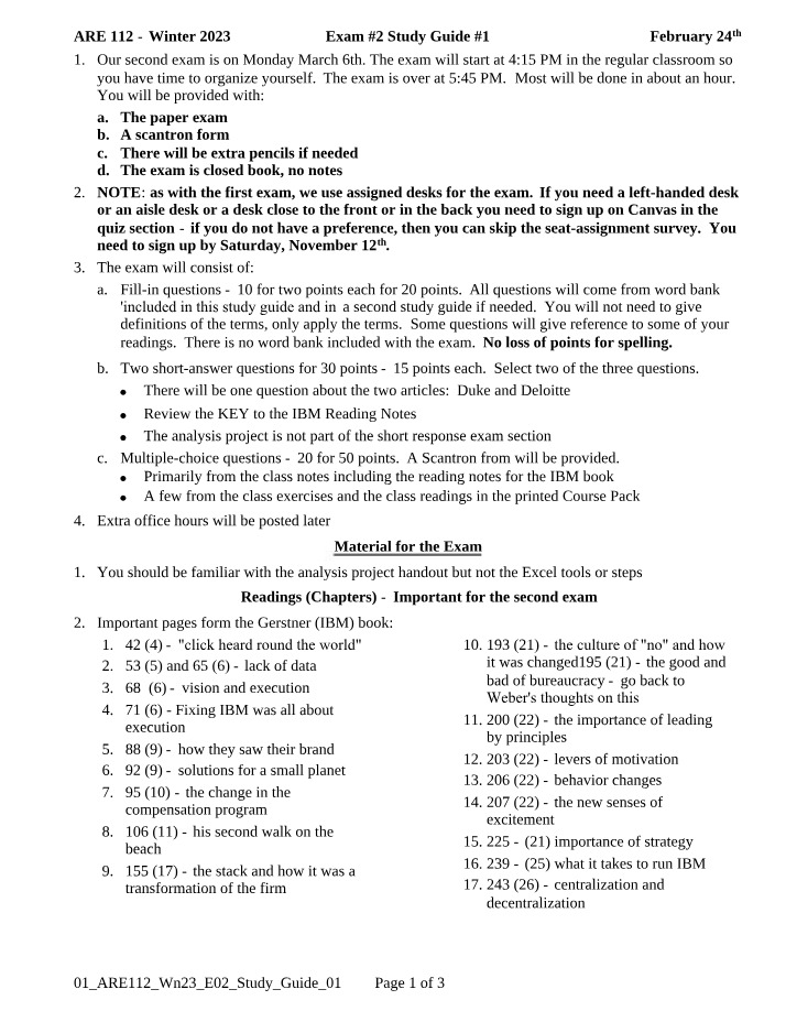 ARE112 Study Guide - Winter 2023 Exam 2