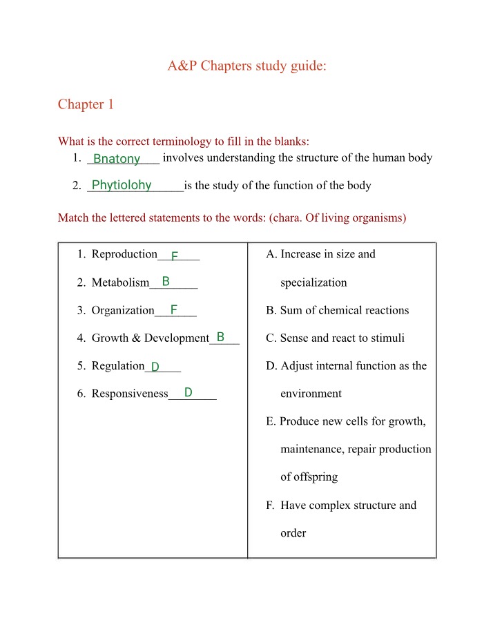 Study Guide for Anatomy and Physiology