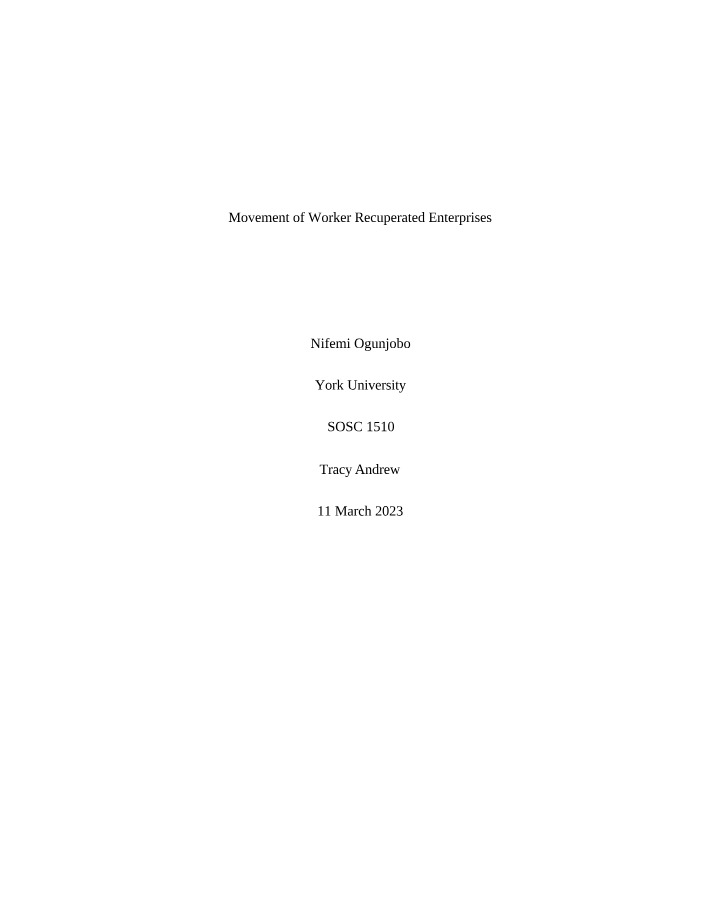 Essay on Worker Recuperated Enterprises