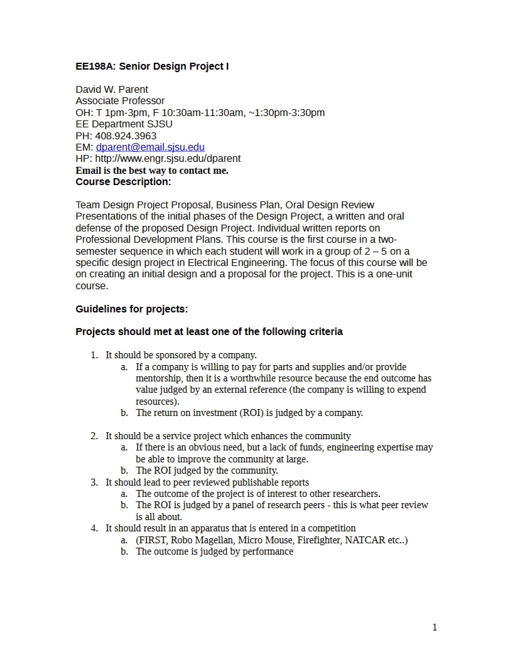 Course Outline for EE 198A
