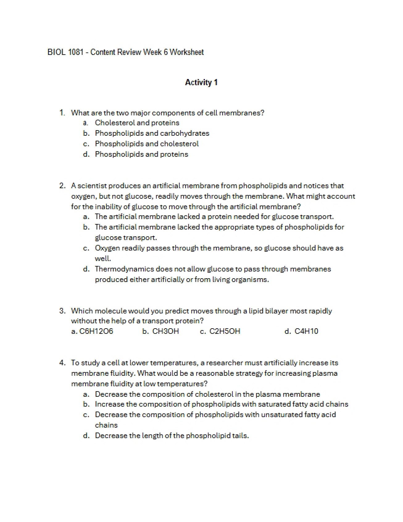 First Worksheet for Biology I