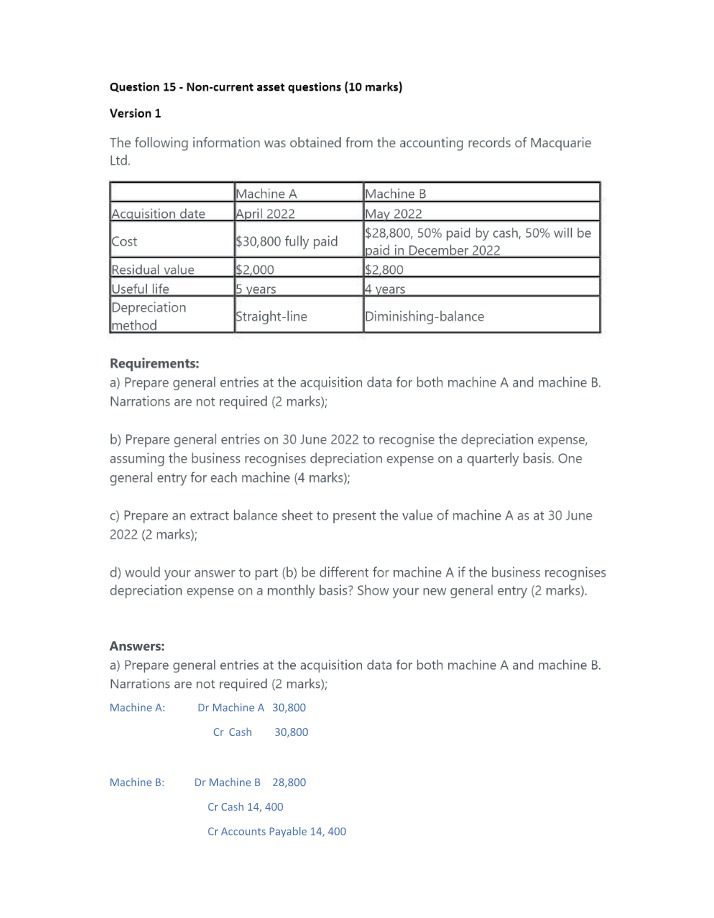 Non-current Asset Questions - Acquisition and Depreciation
