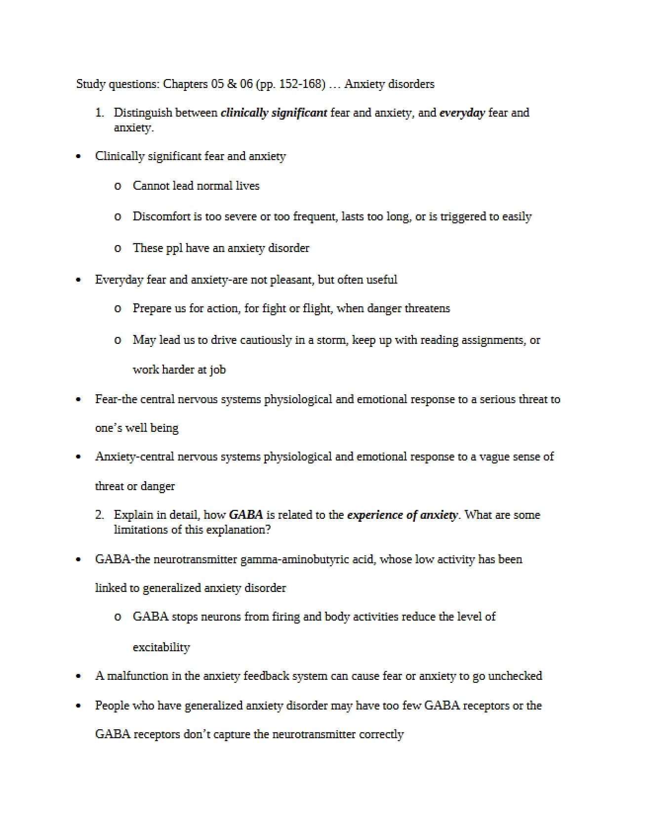 Abnormal Psych Questions for Study II