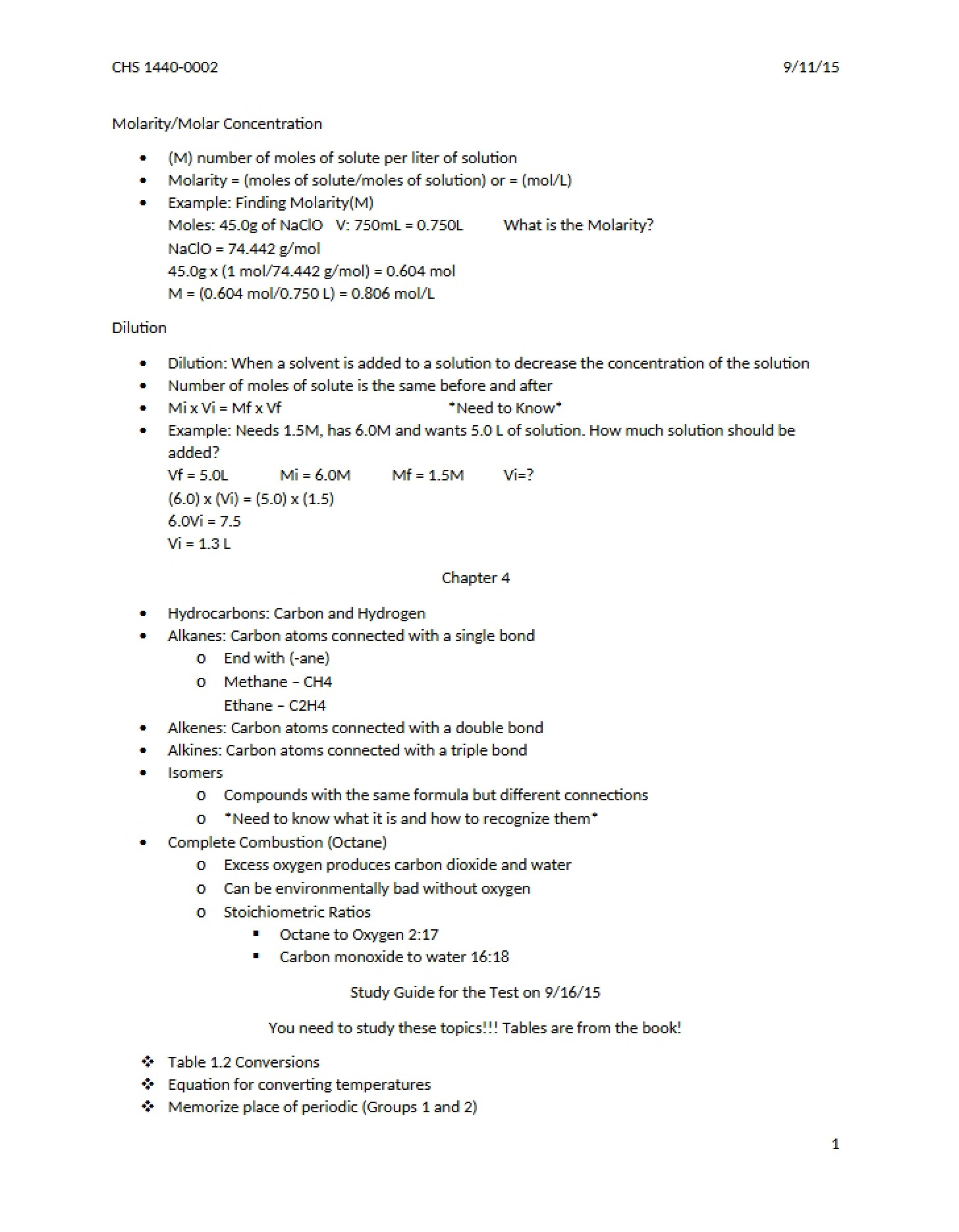 Molar Concentration (Molarity)