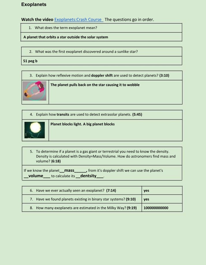 Worksheet on Exoplanets