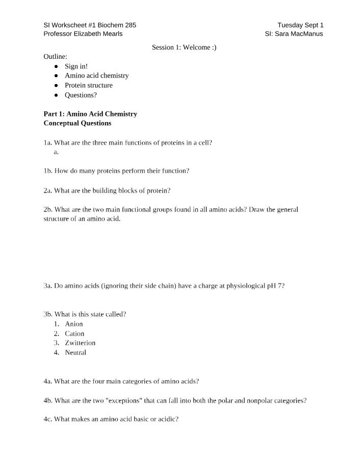 Biochem 285 SI Worksheet 1