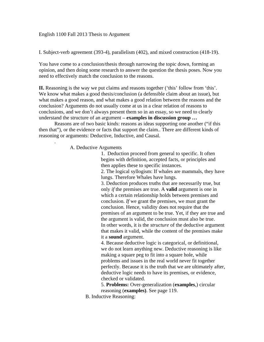 English 1100 - Thesis to Argument