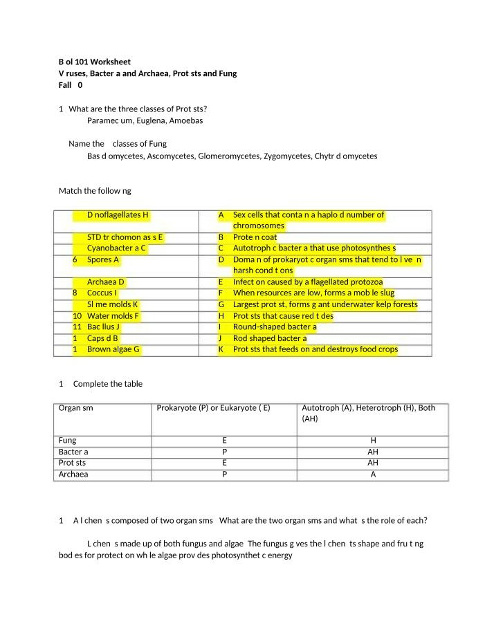 Worksheet on Protists, Fungi, Viruses, Bacteria and Archaea
