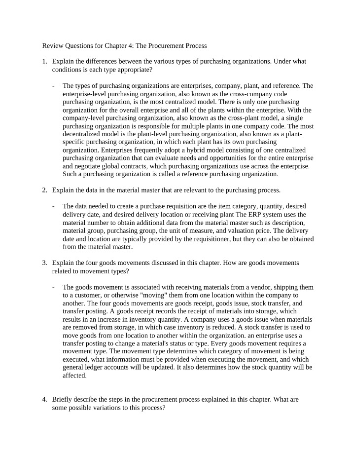 Procurement Process - Chapter 4 Review Questions