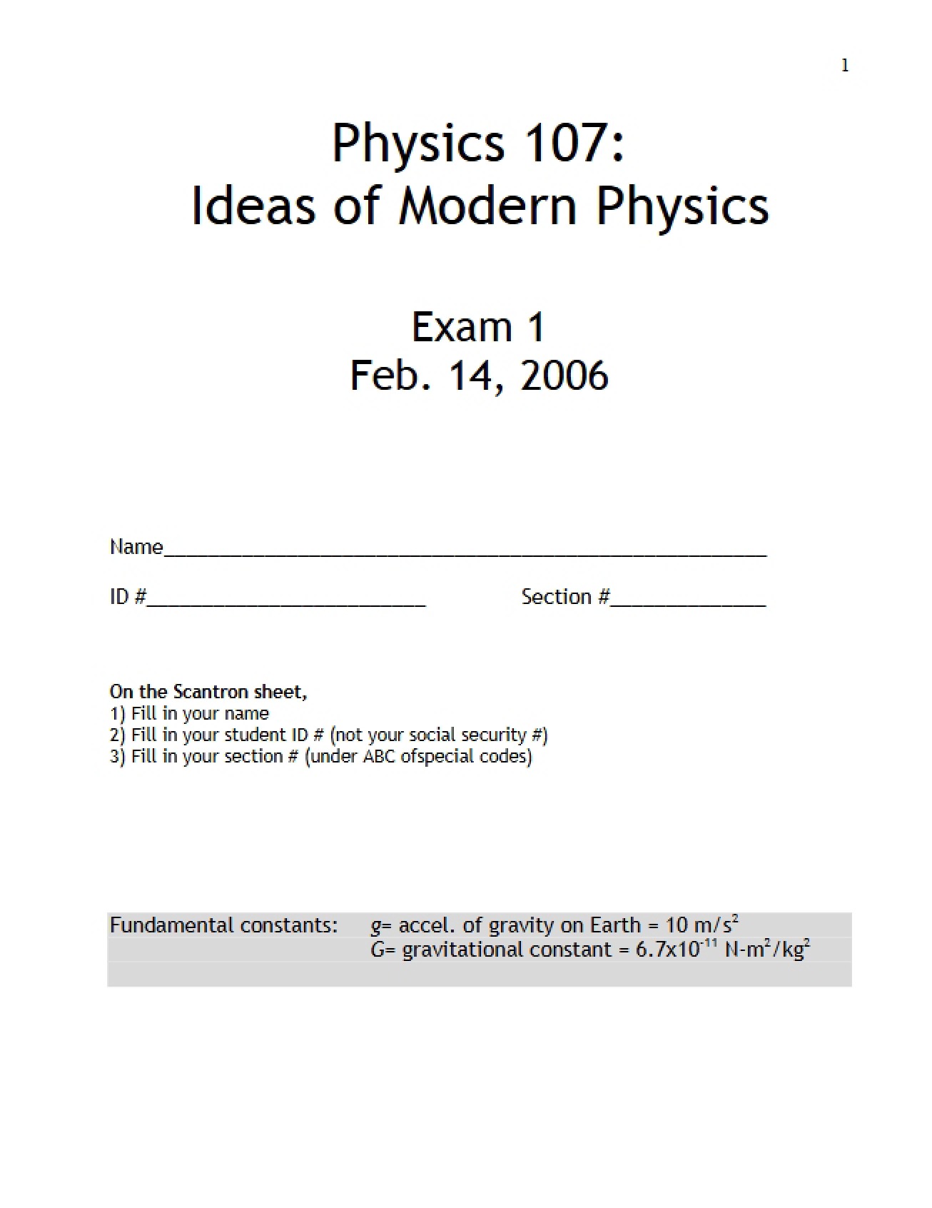Exam 1 for Phy 107