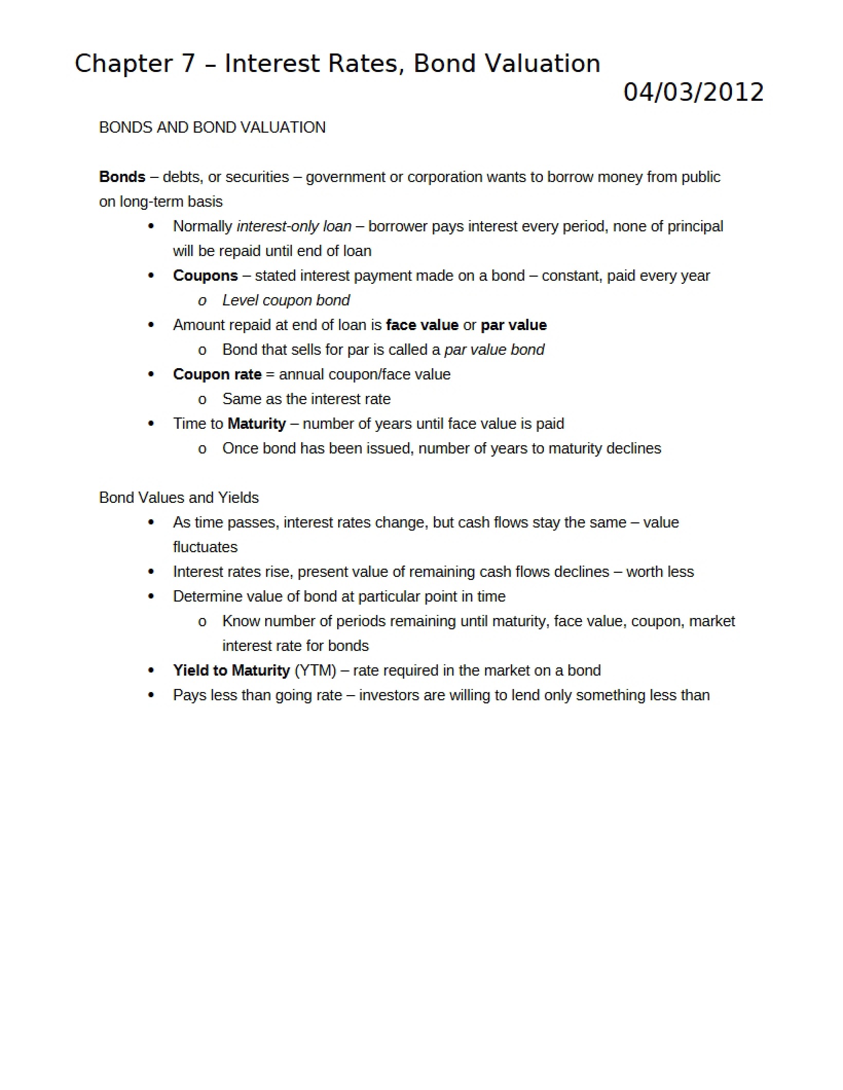 Bond Valuation and Interest Rates (Chapter 7)