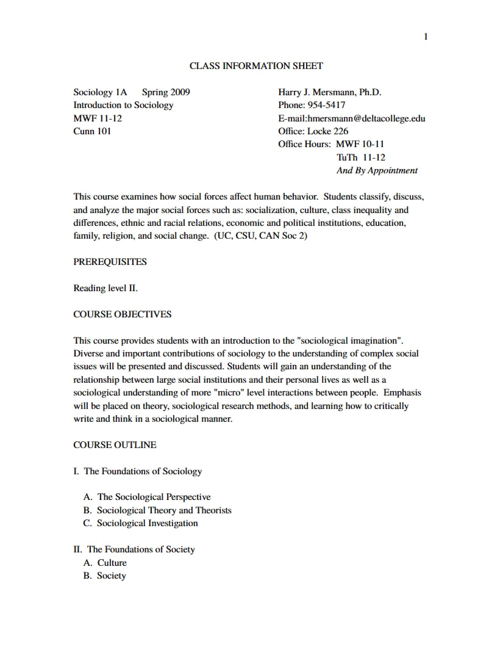 Class Info Sheet Introduction to Sociology