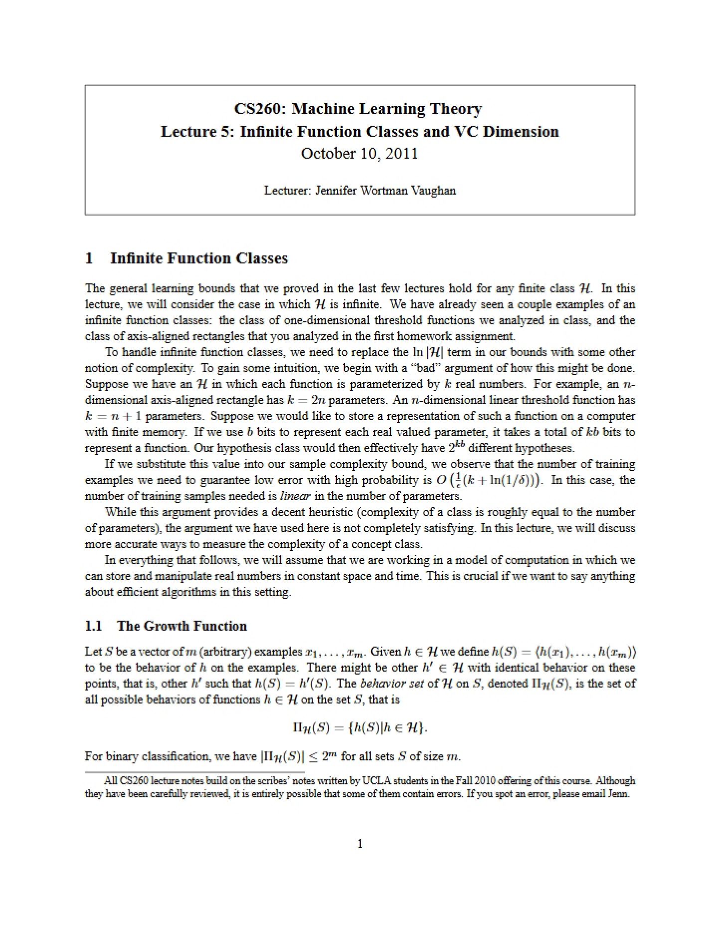 VC Dimension and Infinite Function Classes