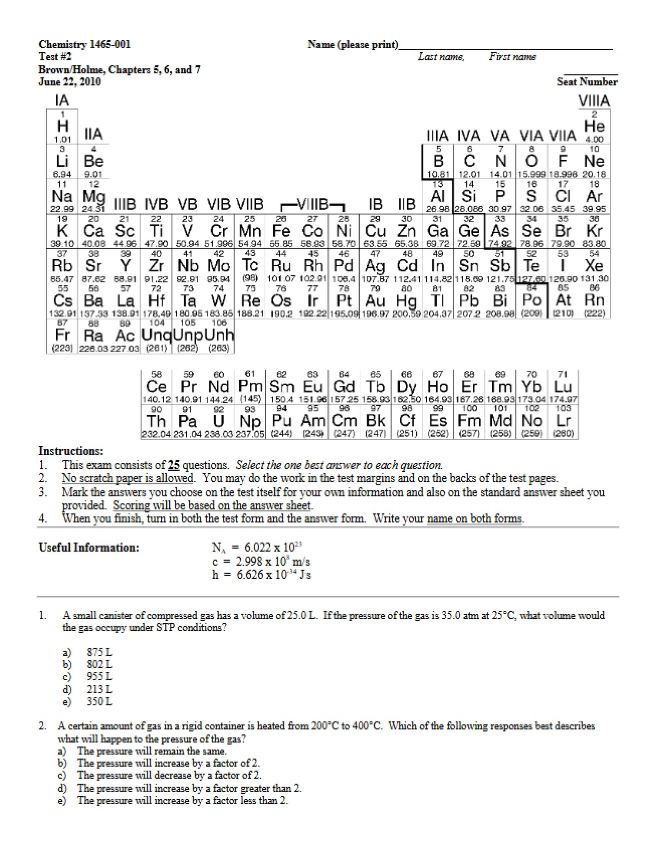 Test Two CHEM 1465