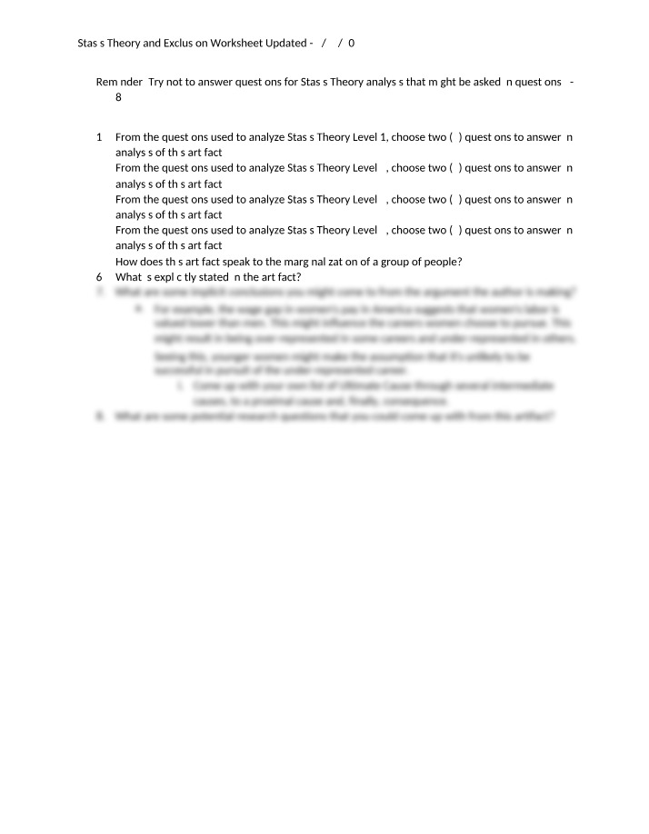 Worksheet on Stasis Theory and Exclusion