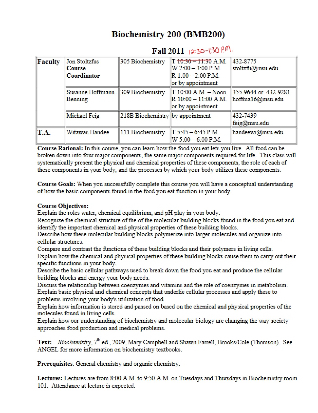 Fall 2011 Intro to Biochemistry Syllabus