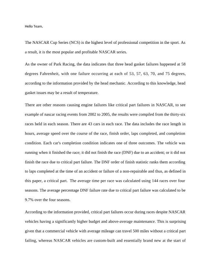 Critical Part Failures in NASCAR Vehicles