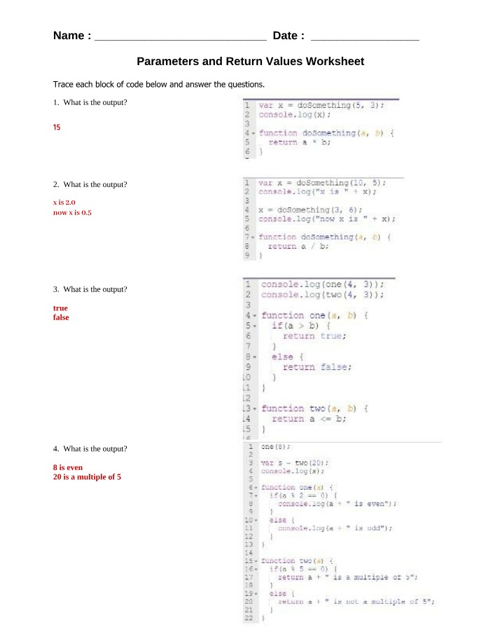 Worksheet on Parameters and Return Values