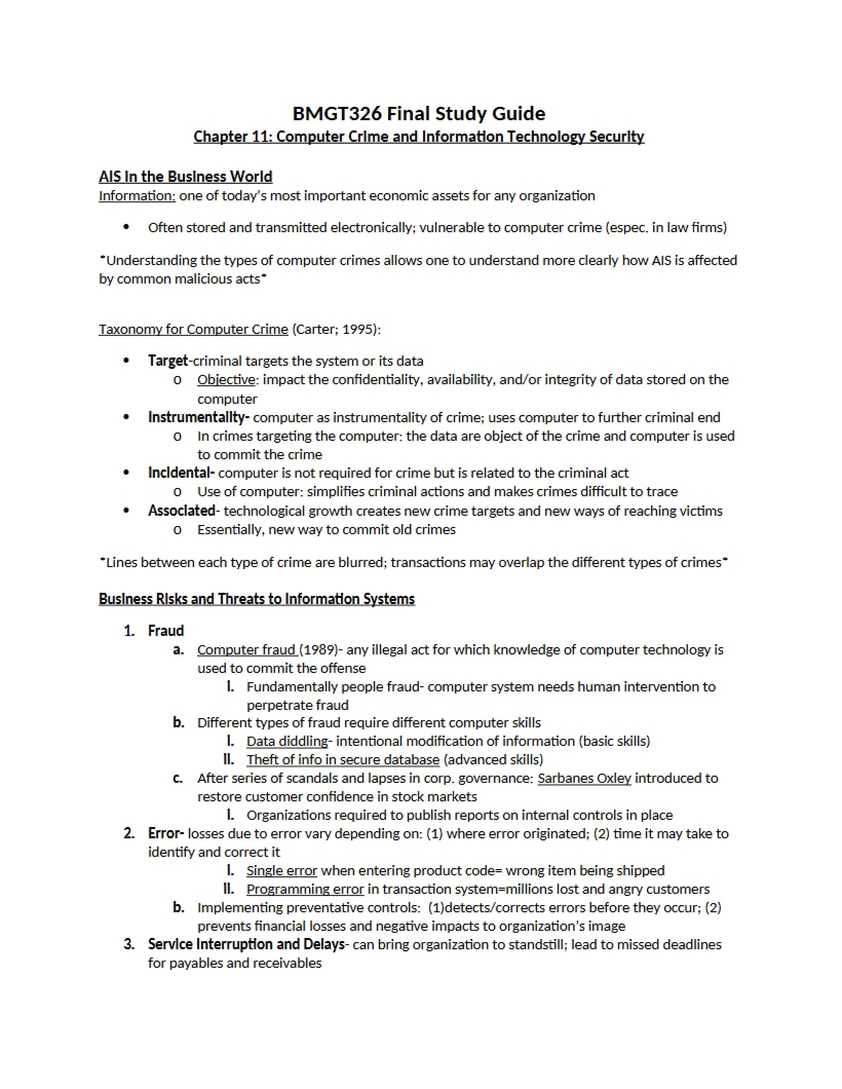 Study Guide for Final