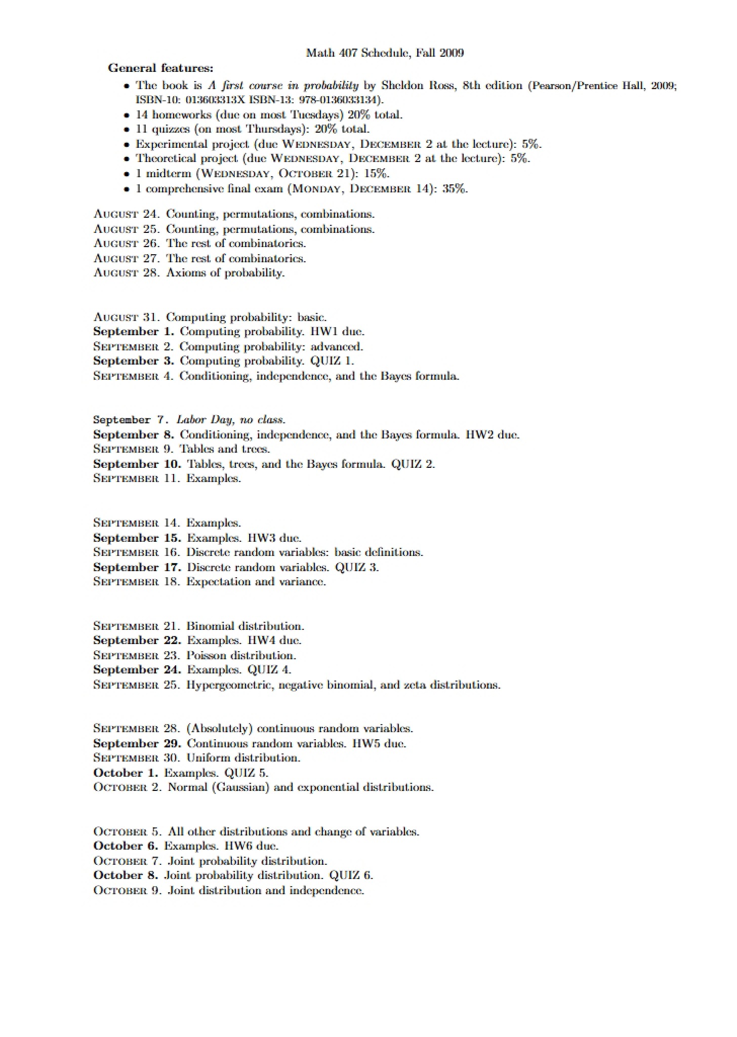 Fall 2009 Schedule