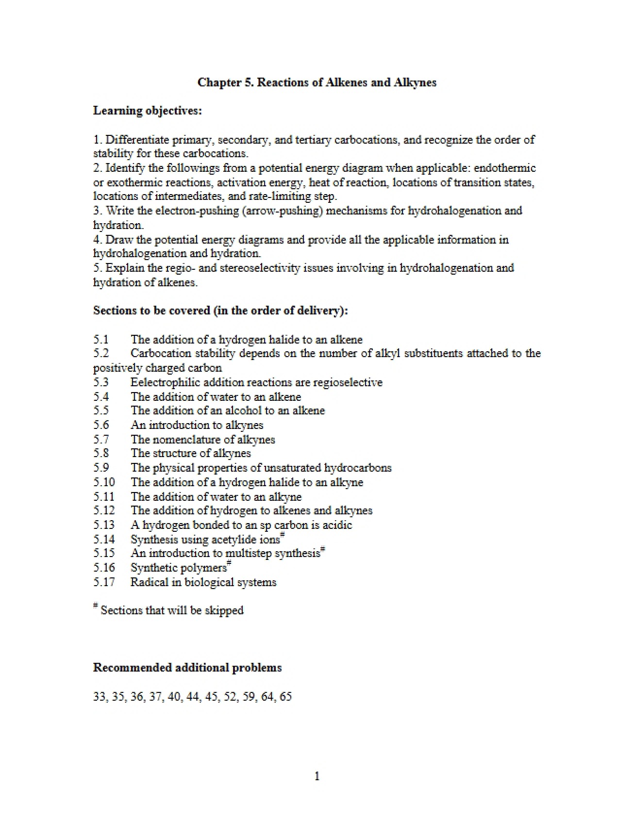 Alkyne and Alkene Reactions (Chapter 5)