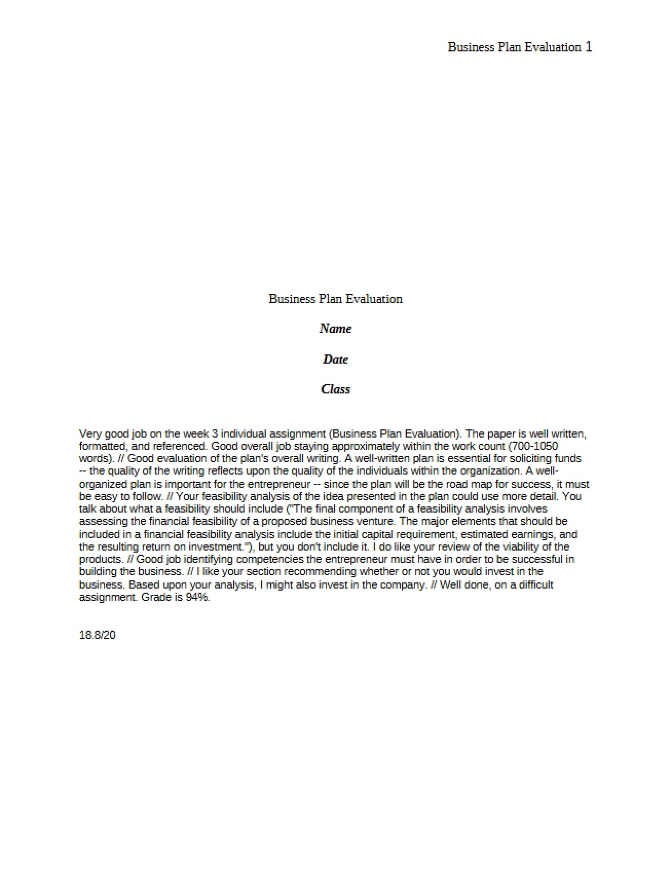 Business Plan Assessment