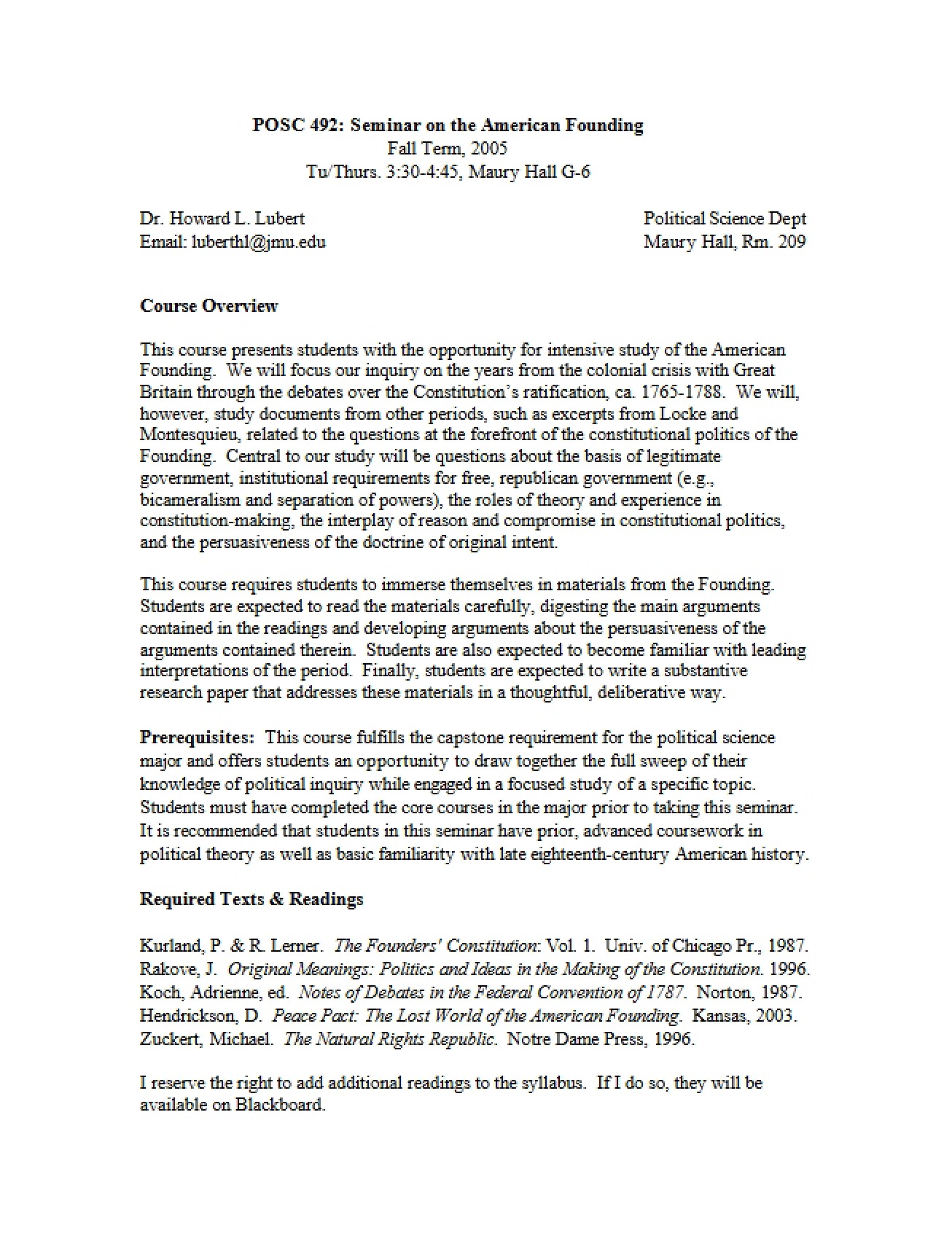 Overview of a Senior Seminar in Political Science