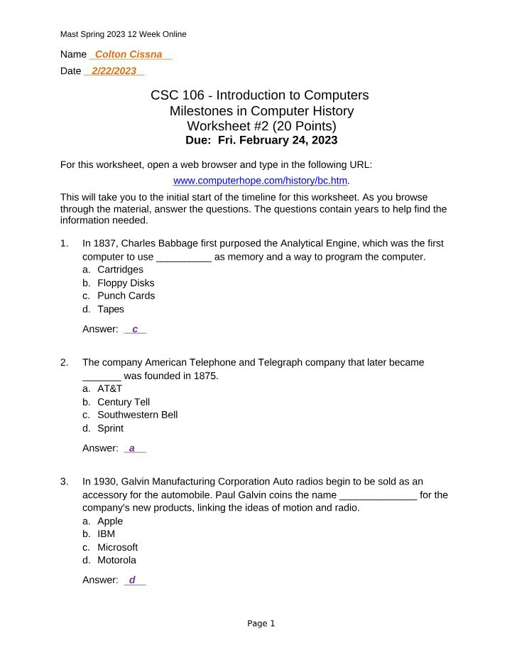 Worksheet 2 - Milestones in Computer History
